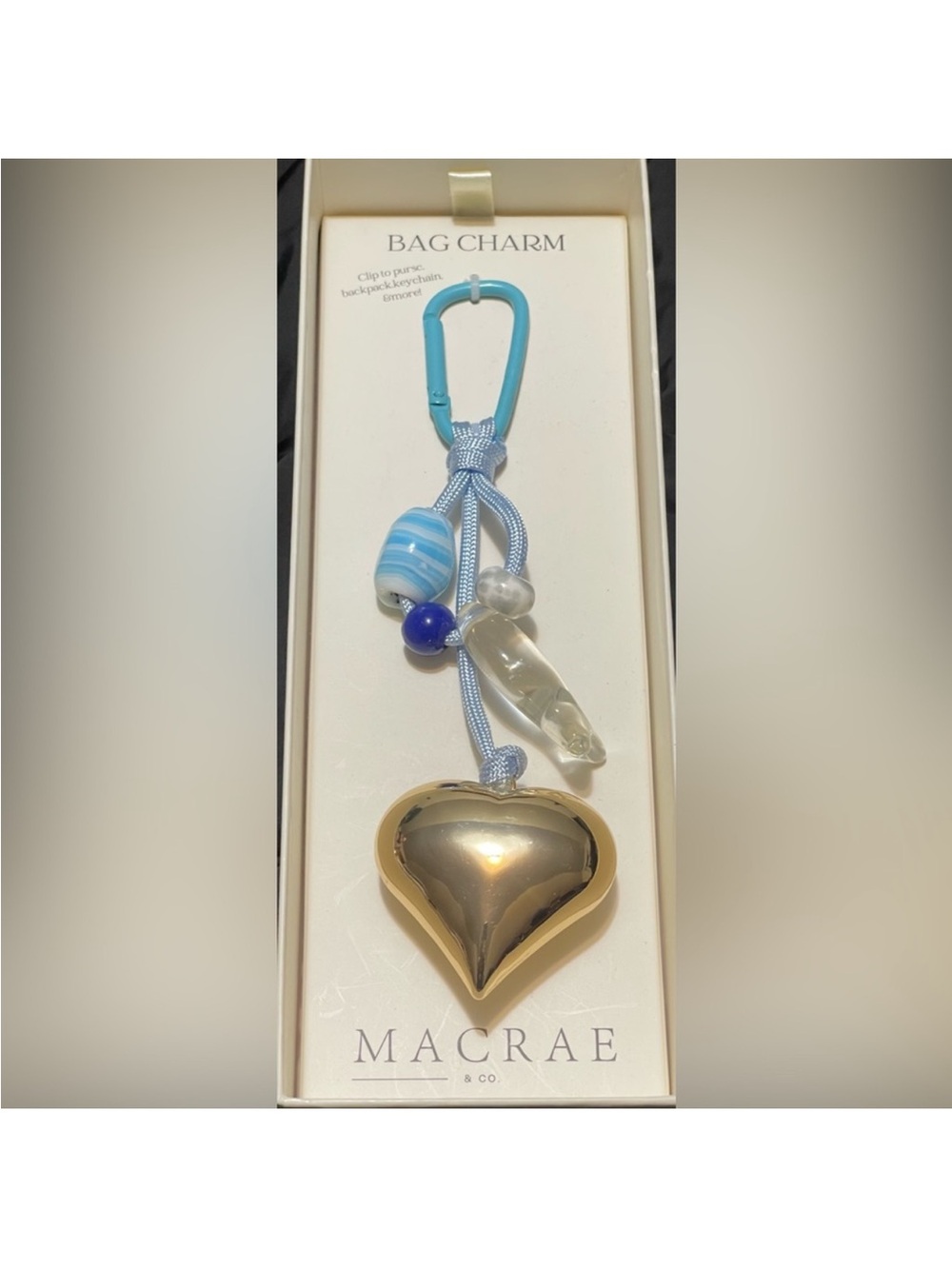 MacRae Gold Heart Bag Charm with Light Blue Accents
